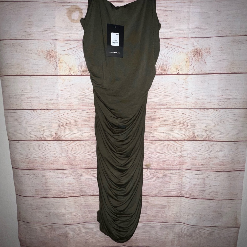 Fashion Nova Olive Green Ruched Maxi Dress NWT